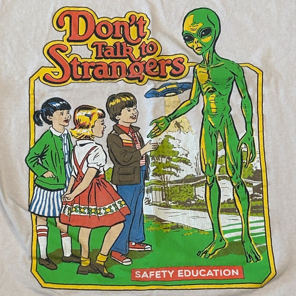 Steven Rhodes Dont Talk To Strangers Alien Safety Education Shirt Mens L Beige - Picture 2 of 7